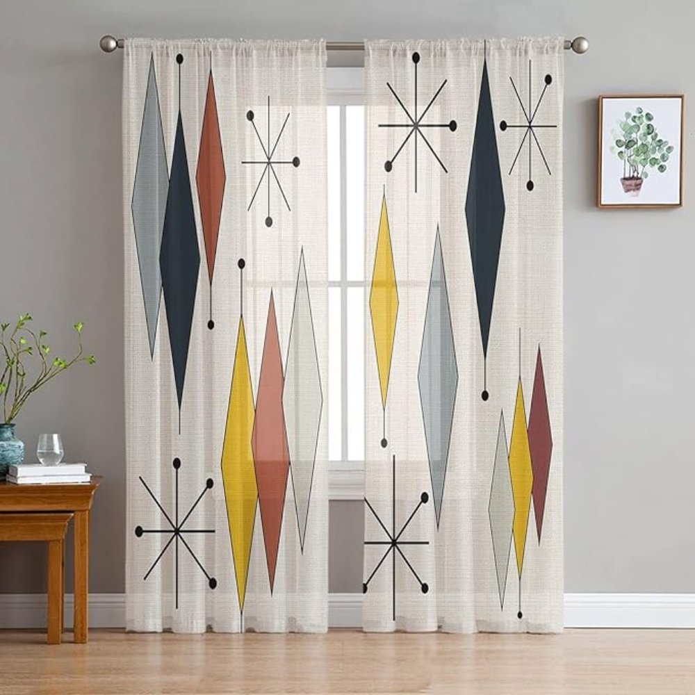 Mid-Century Colorful Vintage Geometric Semi-Sheer Curtains: Set of 2 Panels, 96"